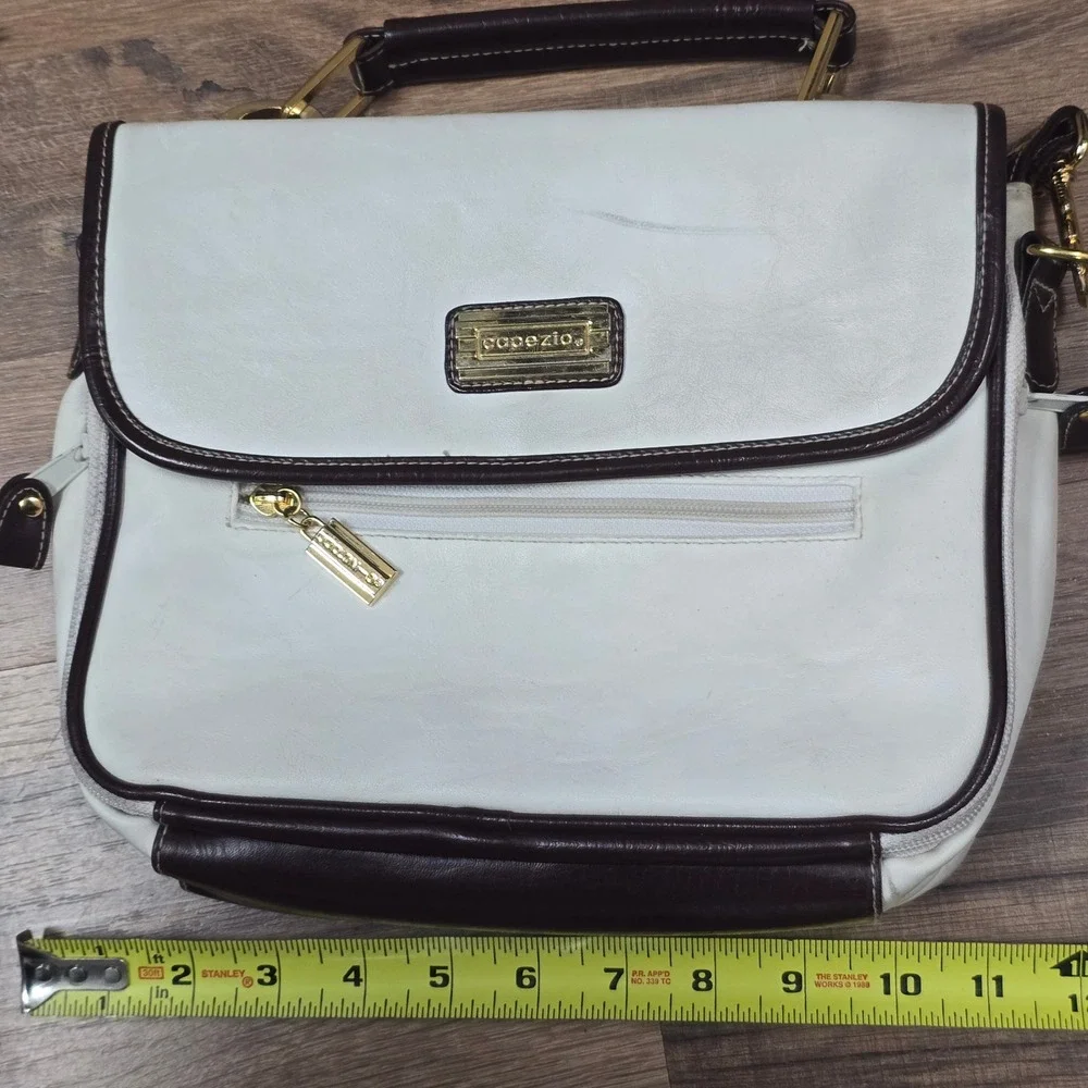 Capezio Vintage White Brown Two Tone Satchel Crossbody Bag Gold Hardware